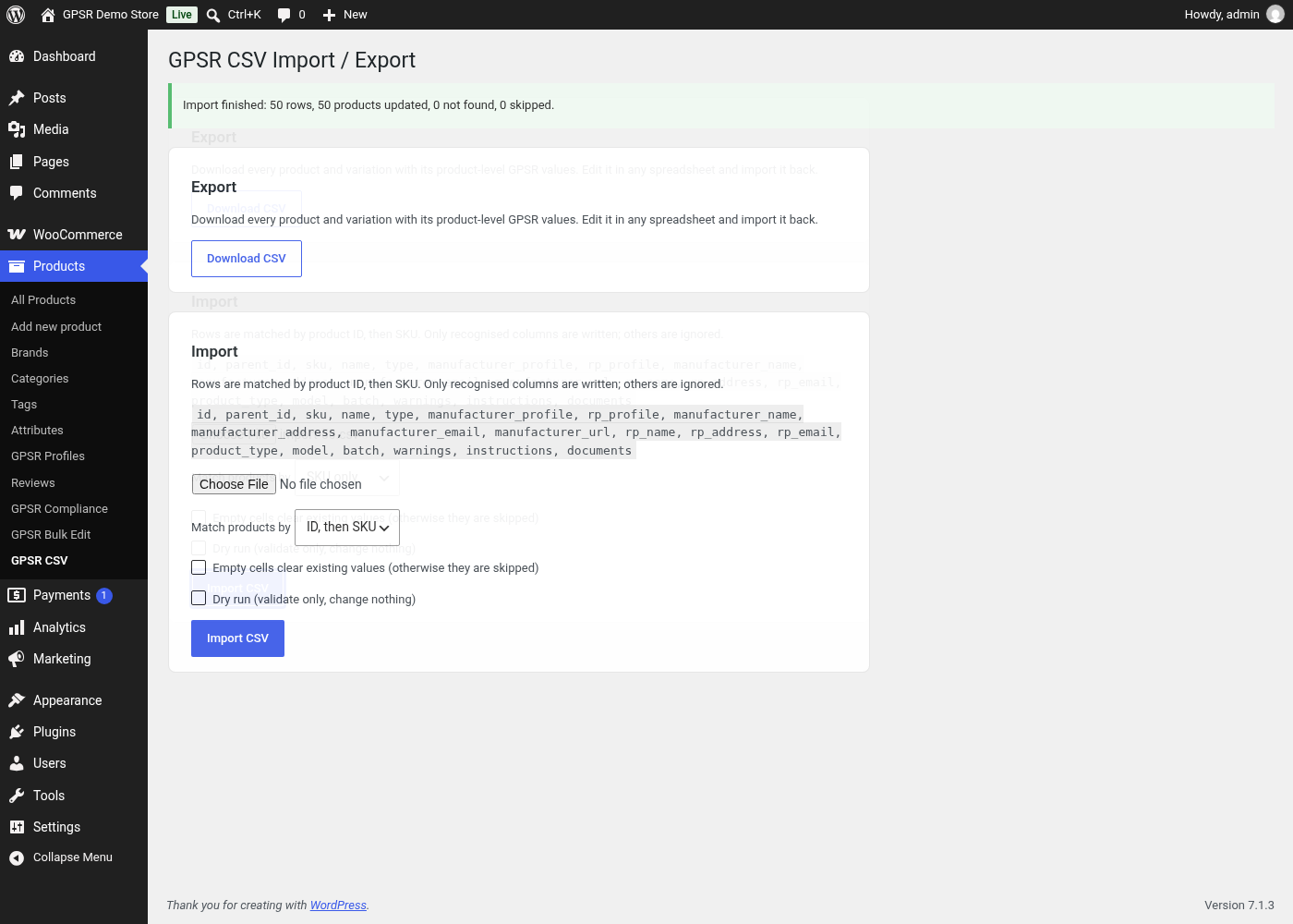 GPSR CSV import and export screen