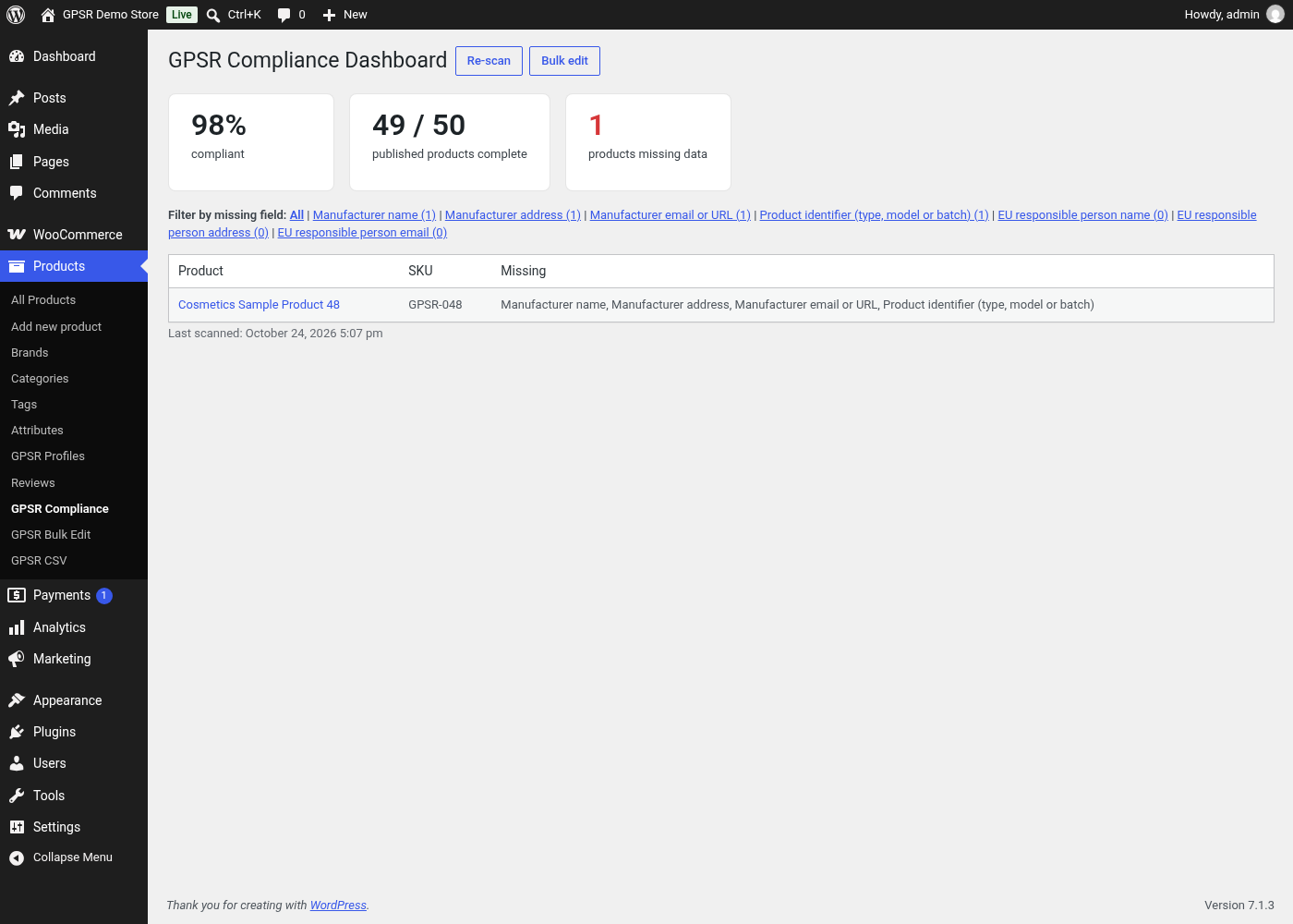 GPSR compliance dashboard listing products missing required data