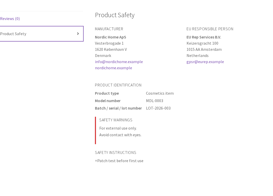 Product Safety tab on a WooCommerce product page showing manufacturer, EU responsible person and warnings